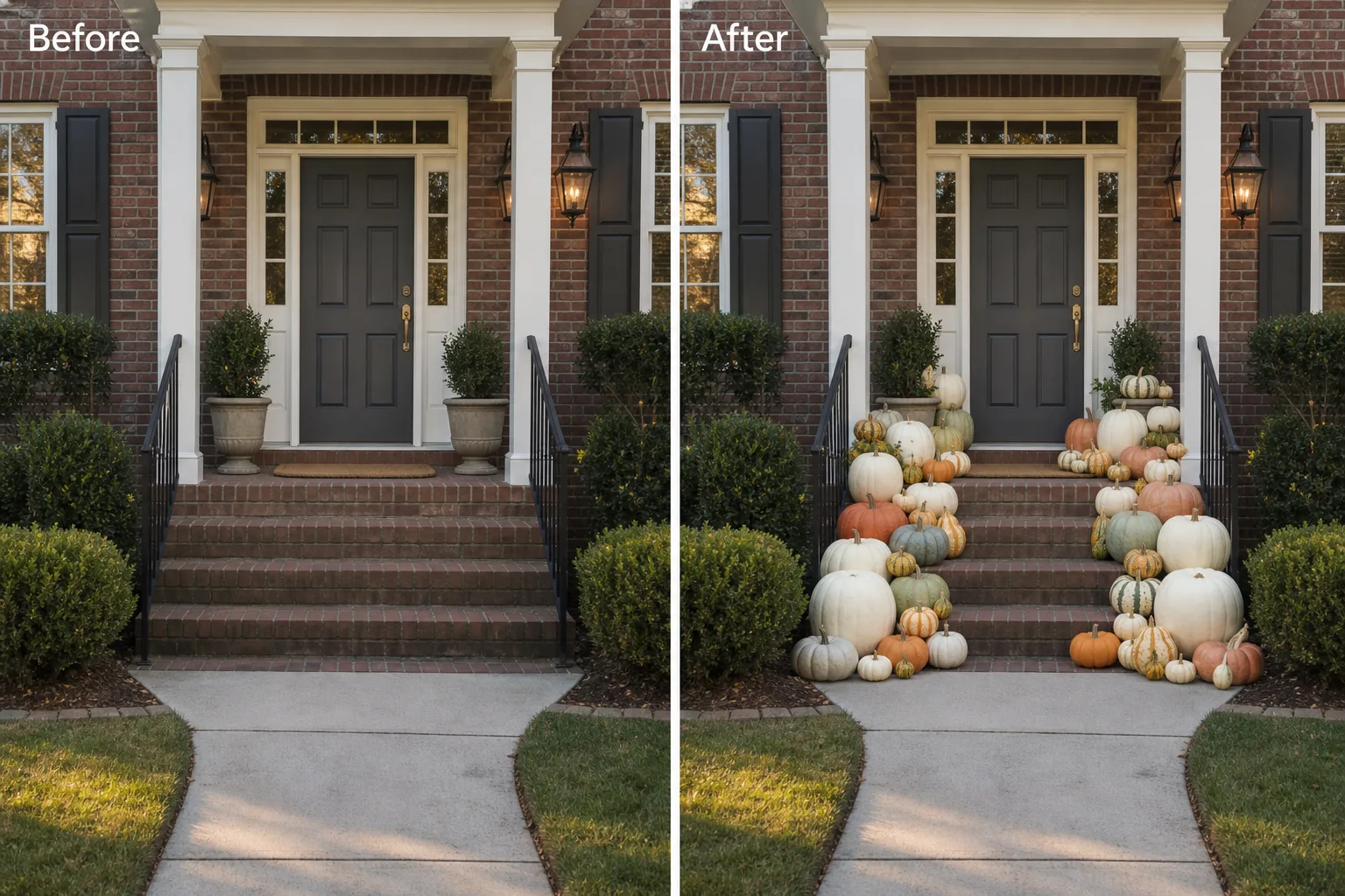 Before and after of the same Hickory Colonial porch styled with a premium Royal Gourd pumpkin display