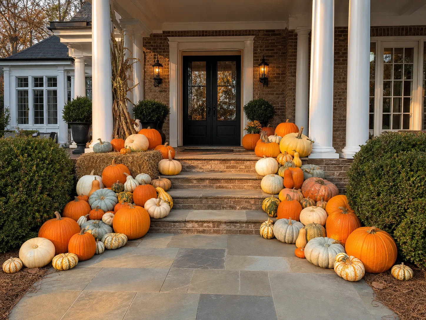 Grand Estate luxury pumpkin and gourd display arranged around a wide Southern estate porch