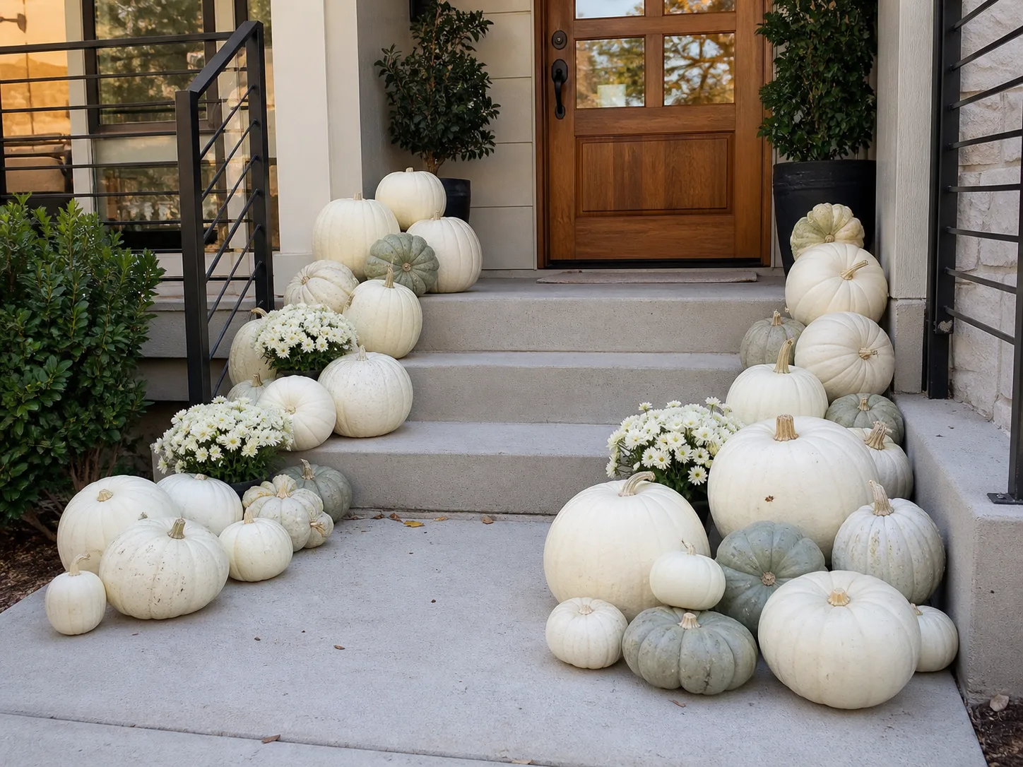 Ivory Crown white pumpkin porch display at a Lake Norman area home