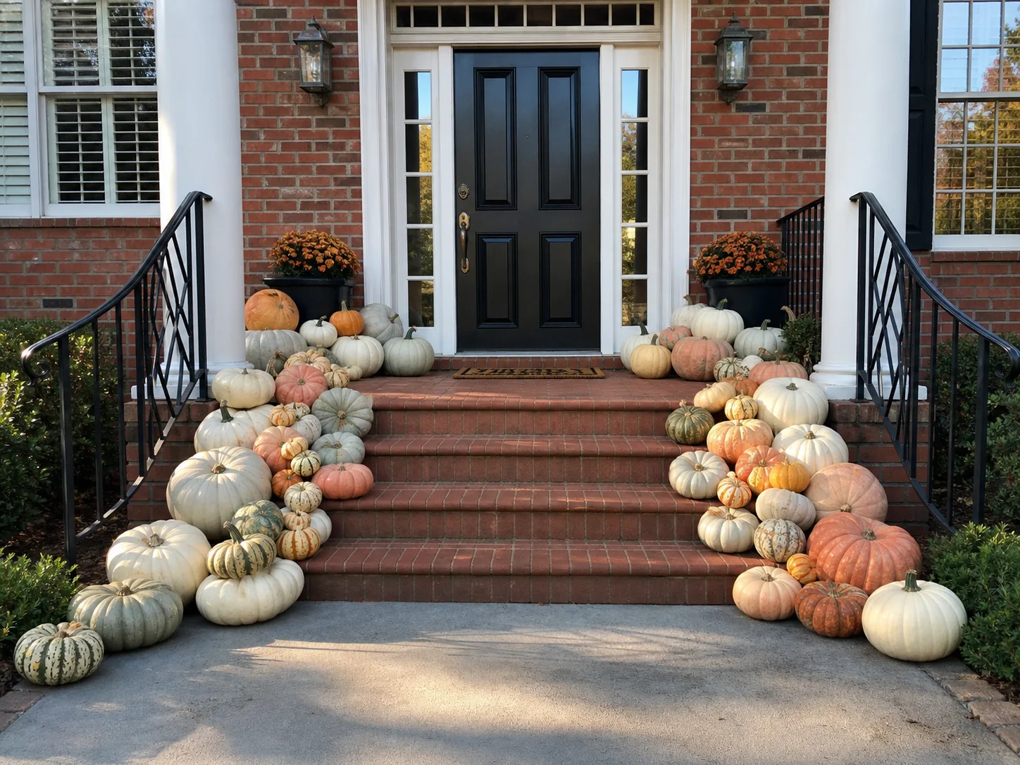 Royal Gourd premium pumpkin display on a Hickory porch