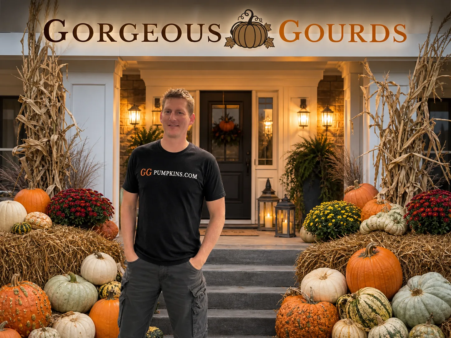 Sam, founder of Gorgeous Gourds, standing in front of a luxury fall porch in Hickory, NC
